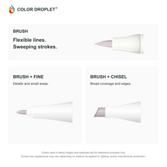 Bianyo brush, fine, and chisel tip illustrations colored to RG110 Red Grey 11, showing the Brush + Fine and Brush + Chisel options.
