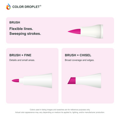 Bianyo brush, fine, and chisel tip illustrations colored to RP1 Vivid Reddish Purple, showing the Brush + Fine and Brush + Chisel options.