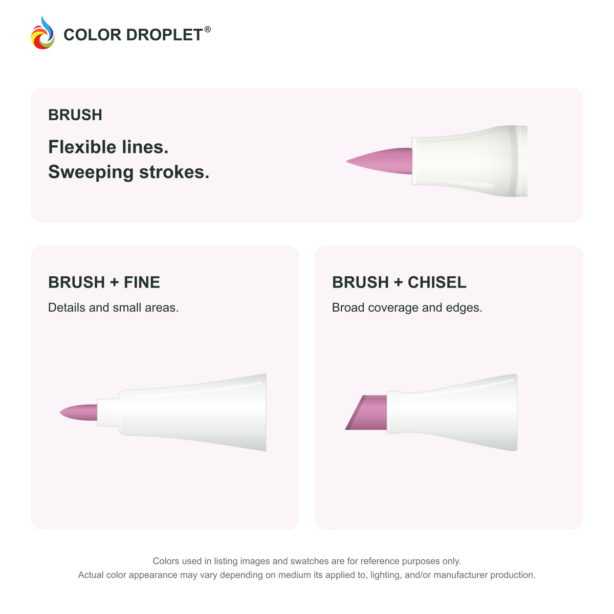 Bianyo brush, fine, and chisel tip illustrations colored to RV070 Sakura Pink, showing the Brush + Fine and Brush + Chisel options.
