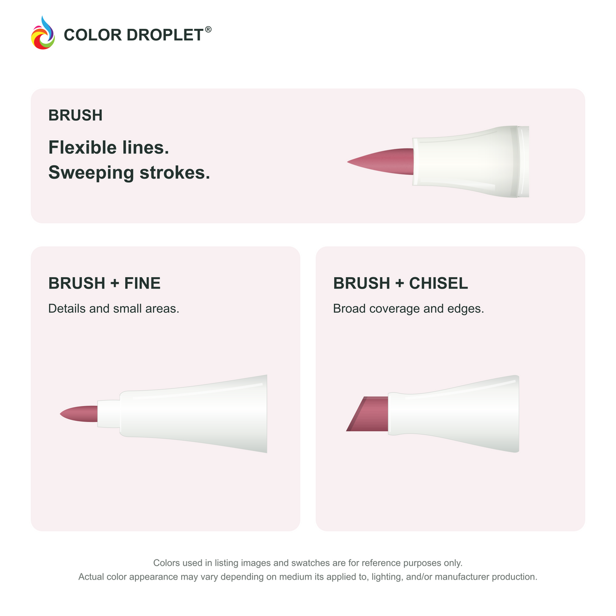 Bianyo brush, fine, and chisel tip illustrations colored to R170 Lipstick Red, showing the Brush + Fine and Brush + Chisel options.
