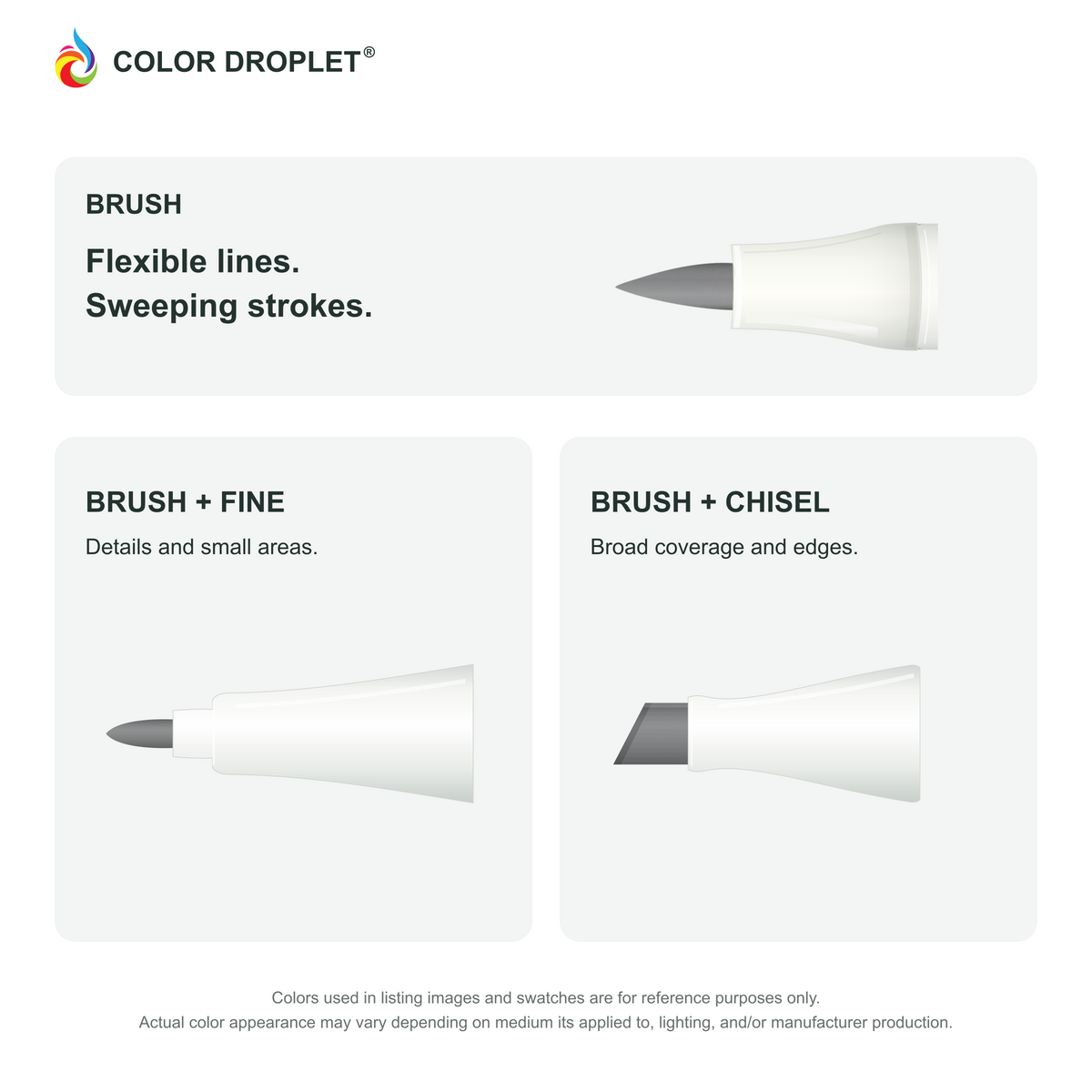 Bianyo brush, fine, and chisel tip illustrations colored to TG256 Toner Gray No.7, showing the Brush + Fine and Brush + Chisel options.