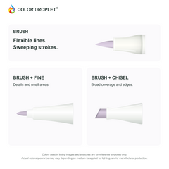 Bianyo brush, fine, and chisel tip illustrations colored to V230 Viola, showing the Brush + Fine and Brush + Chisel options.