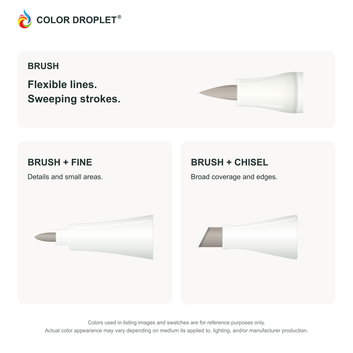 Bianyo brush, fine, and chisel tip illustrations colored to WG070 Warm Grey 07, showing the Brush + Fine and Brush + Chisel options.