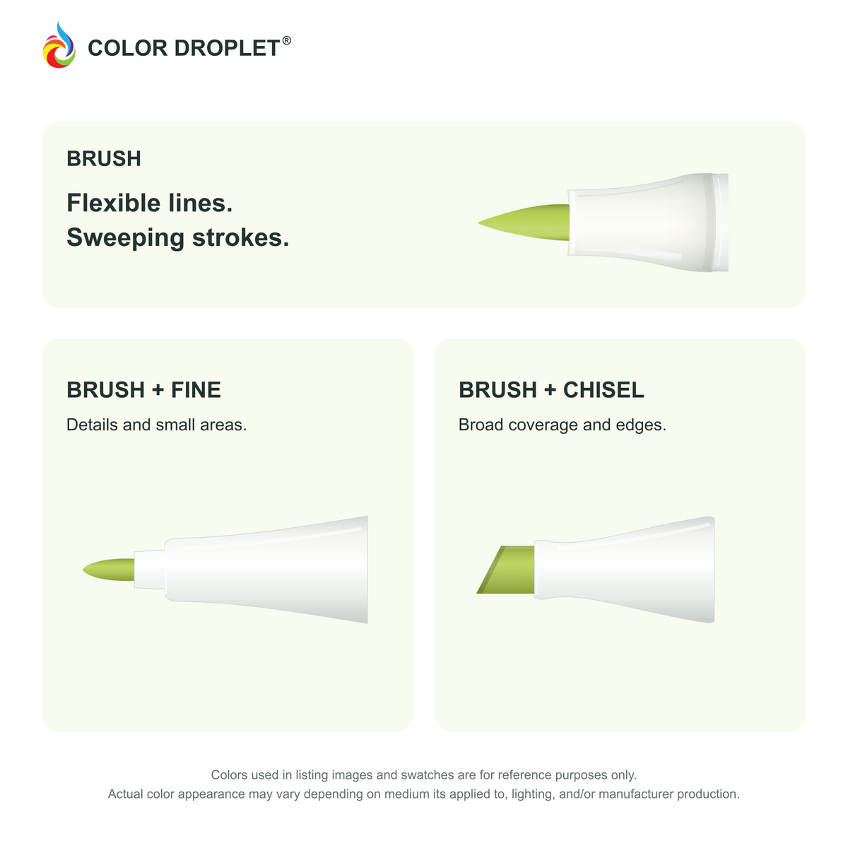 Bianyo brush, fine, and chisel tip illustrations colored to YG227 Green Shoots, showing the Brush + Fine and Brush + Chisel options.