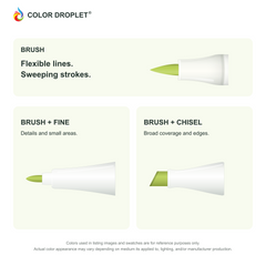 Bianyo brush, fine, and chisel tip illustrations colored to YG227 Green Shoots, showing the Brush + Fine and Brush + Chisel options.