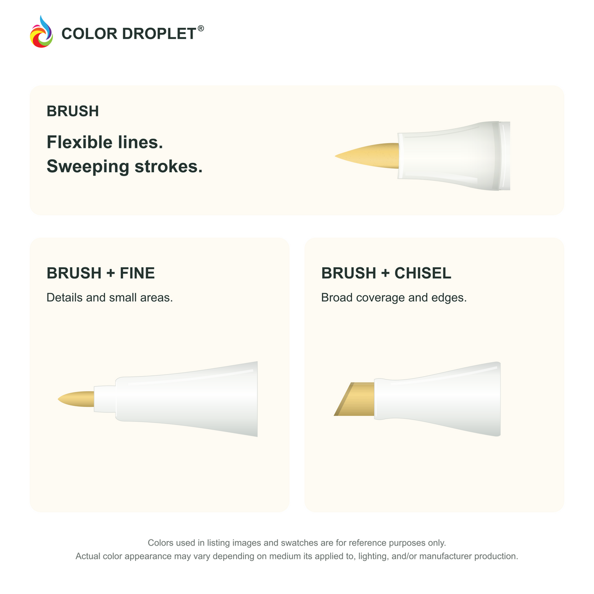 Bianyo brush, fine, and chisel tip illustrations colored to Y130 Mustard, showing the Brush + Fine and Brush + Chisel options.
