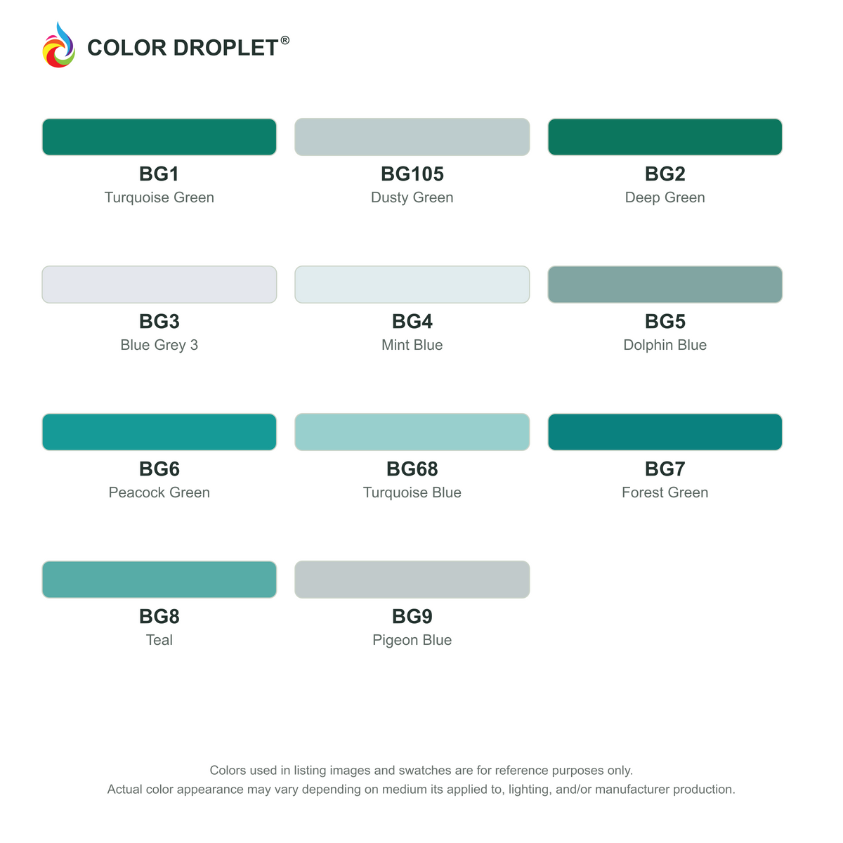 Digital Bianyo Blue Greens (BG) color guide; codes and names. Markers sold individually.