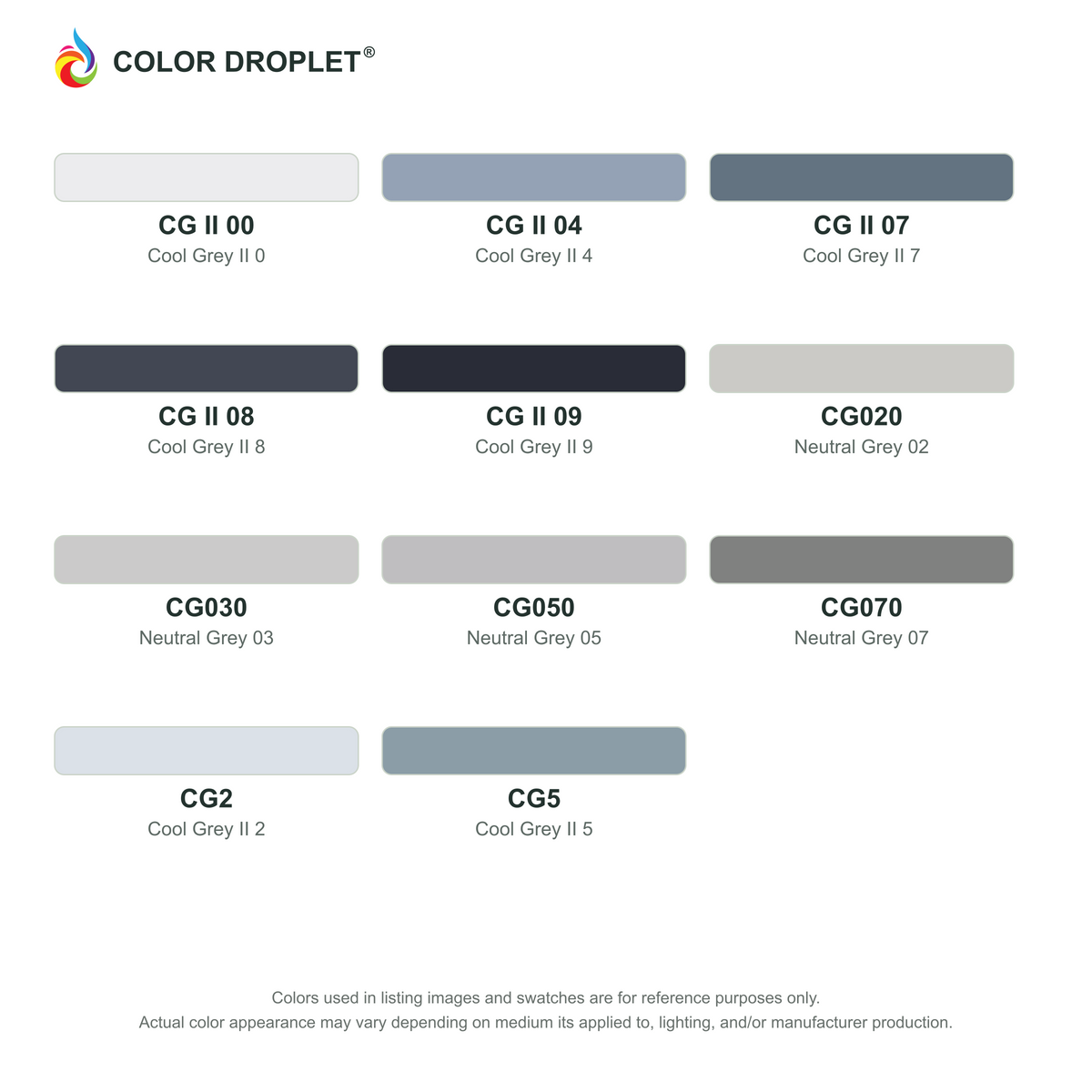 Digital Bianyo Cool Grays (CG) color guide; codes and names. Markers sold individually.
