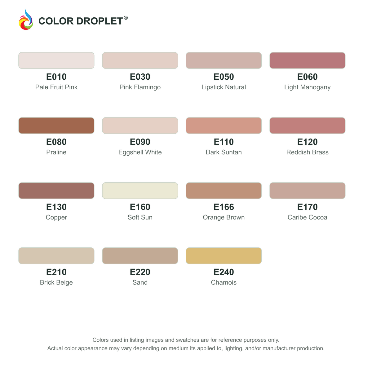 Digital Bianyo Earthtones (E) color guide, page 1 of 2; codes and names. Markers sold individually.