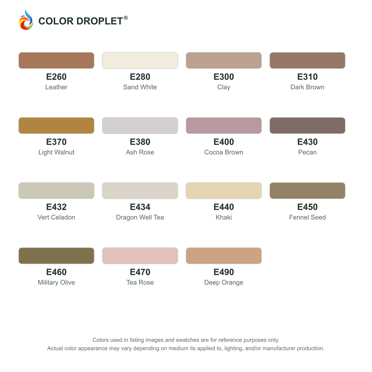Digital Bianyo Earthtones (E) color guide, page 2 of 2; codes and names. Markers sold individually.