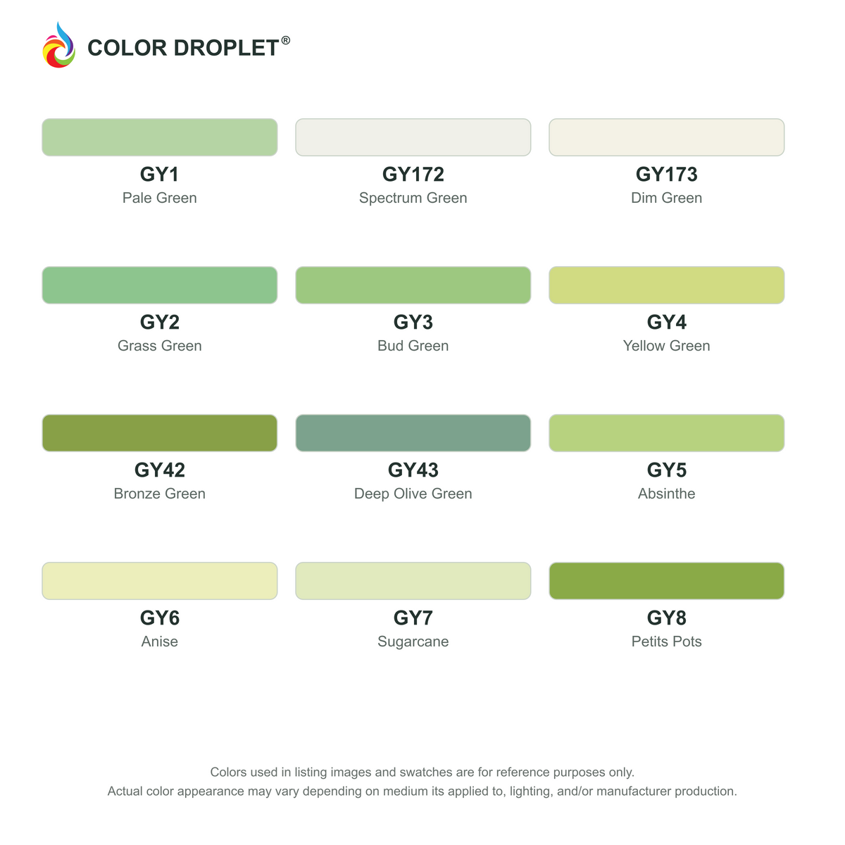 Digital Bianyo Green Yellows (GY) color guide; codes and names. Markers sold individually.