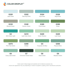 Digital Bianyo Greens (G) color guide, page 2 of 2; codes and names. Markers sold individually.