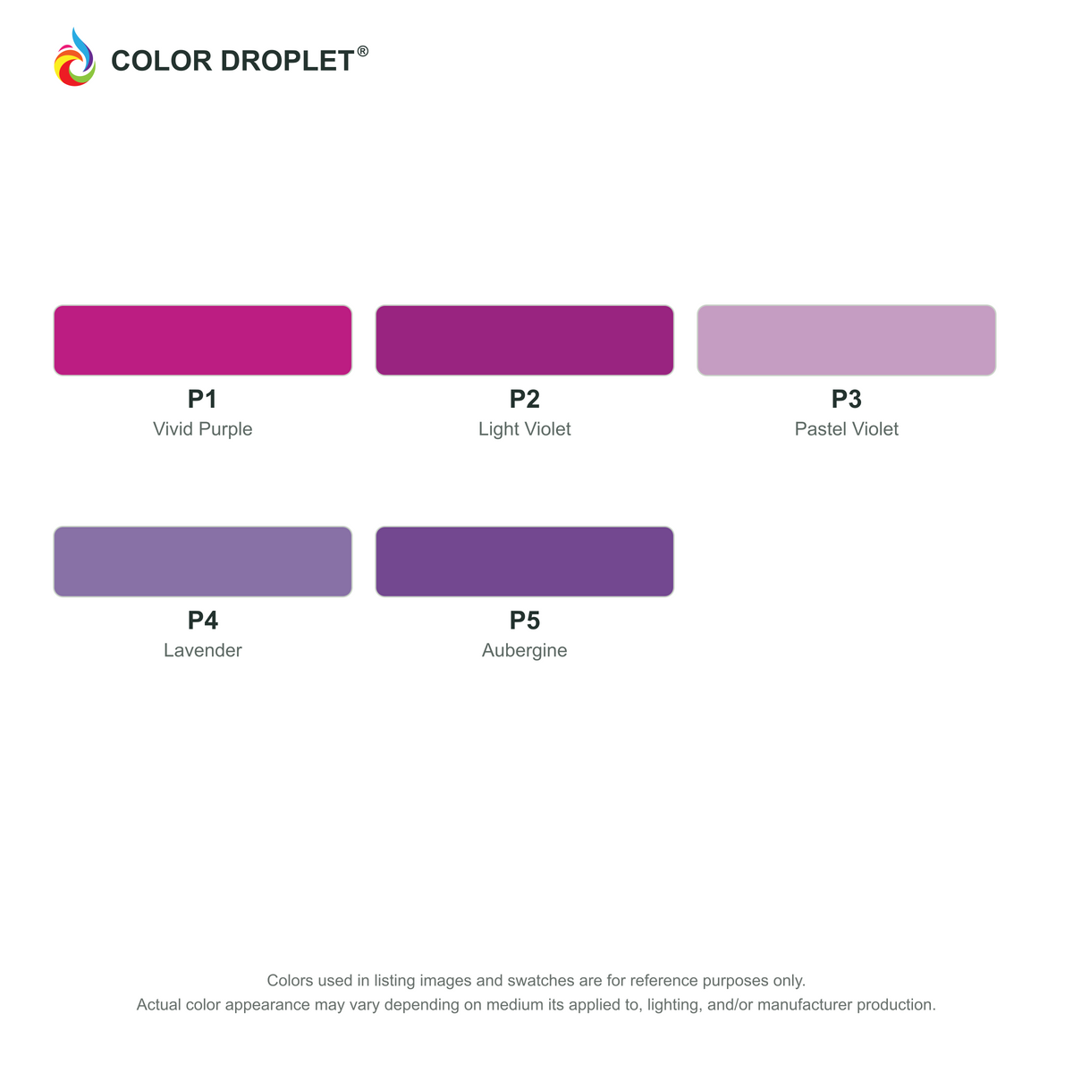 Digital Bianyo Purples (P) color guide; codes and names. Markers sold individually.