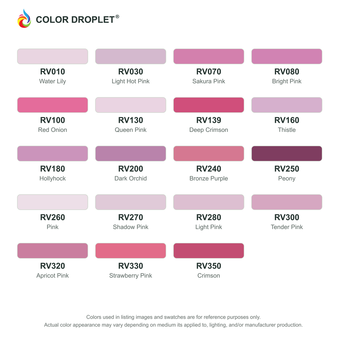 Digital Bianyo Red Violets (RV) color guide; codes and names. Markers sold individually.