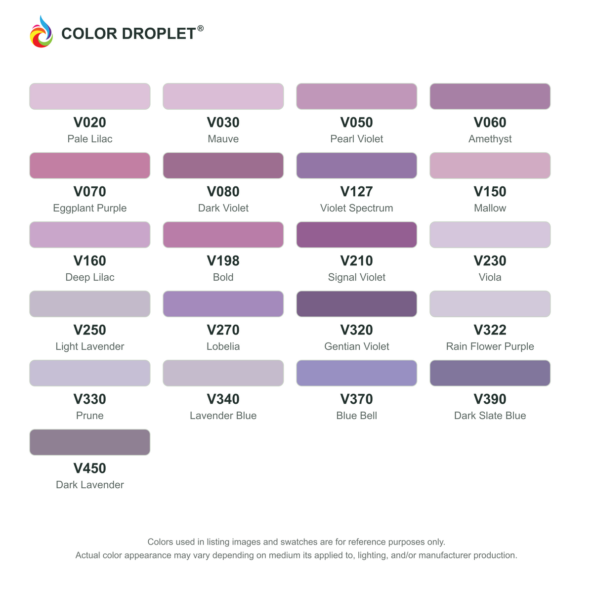 Digital Bianyo Violets (V) color guide; codes and names. Markers sold individually.