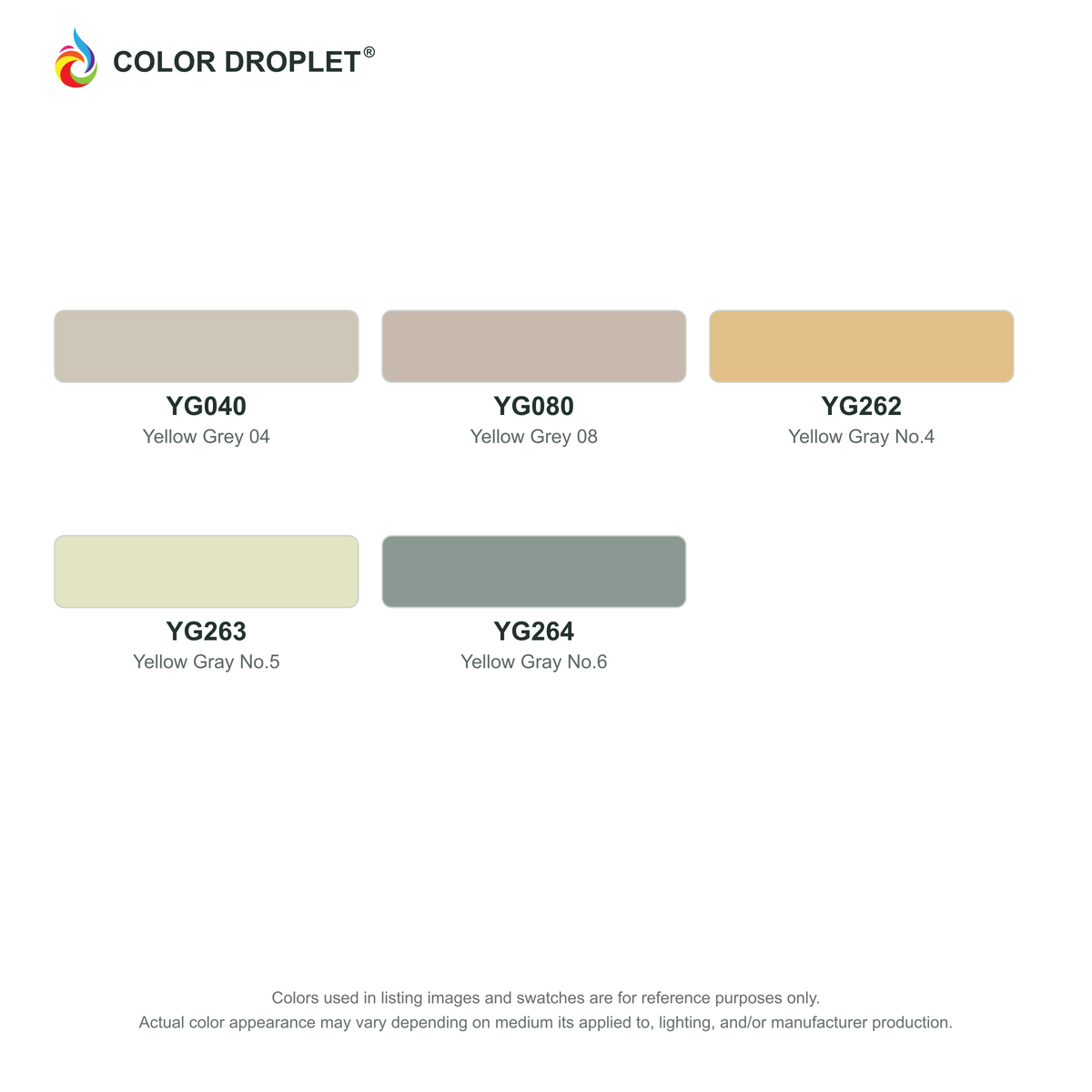 Digital Bianyo Yellow Grays (YG) color guide; codes and names. Markers sold individually.
