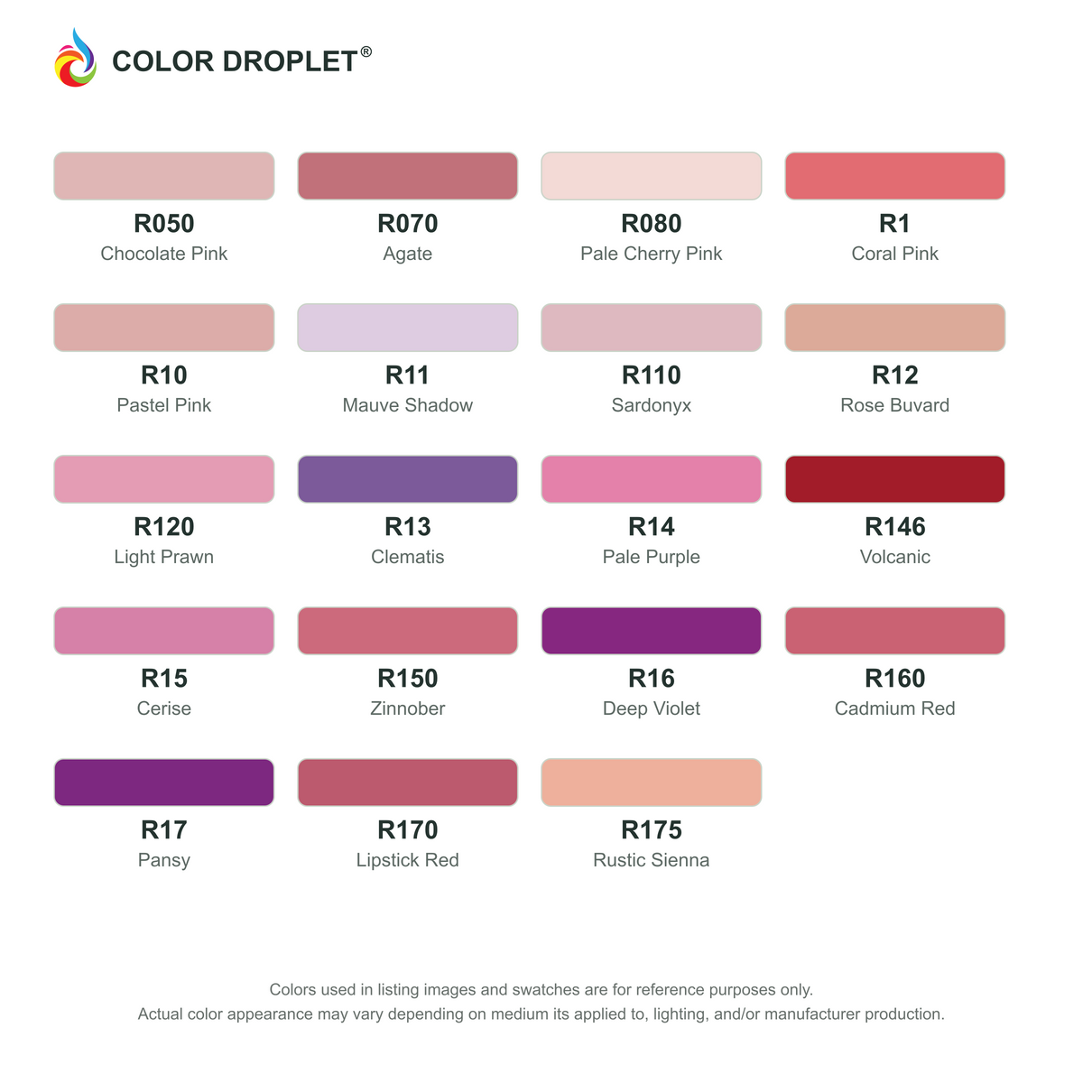 Digital Bianyo Reds (R) color guide, page 1 of 3; codes and names. Markers sold individually.