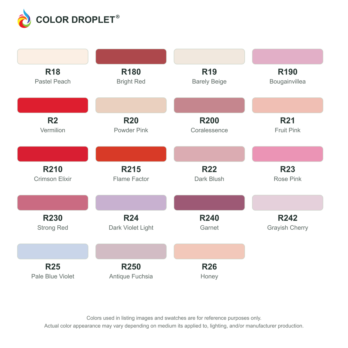 Digital Bianyo Reds (R) color guide, page 2 of 3; codes and names. Markers sold individually.