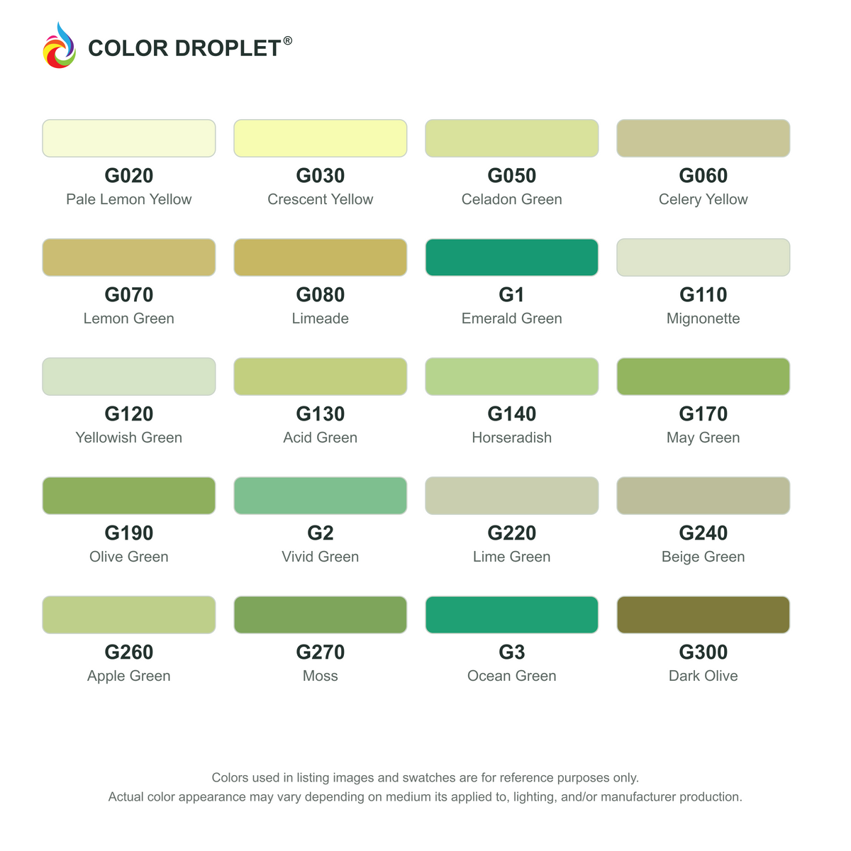 Digital Bianyo Greens (G) color guide, page 1 of 2; codes and names. Markers sold individually.