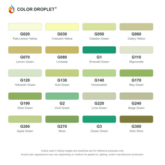 Digital Bianyo Greens (G) color guide, page 1 of 2; codes and names. Markers sold individually.