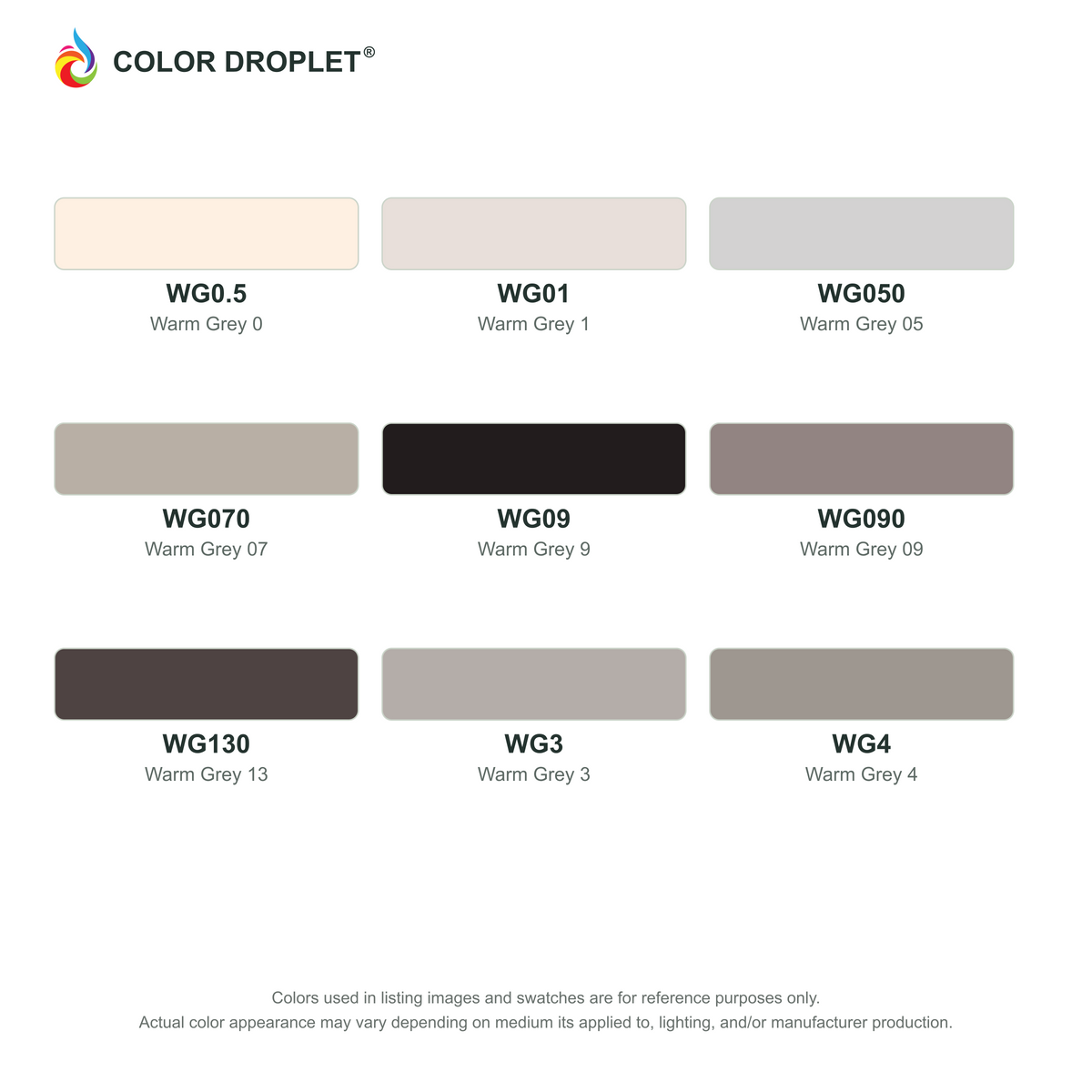 Digital Bianyo Warm Grays (WG) color guide; codes and names. Markers sold individually.