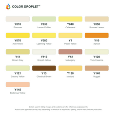Digital Bianyo Yellows (Y) color guide, page 1 of 2; codes and names. Markers sold individually.