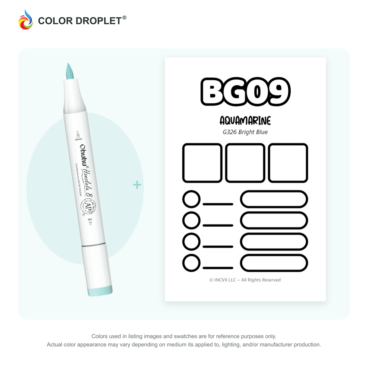 Ohuhu Honolulu BG09 Aquamarine example marker, with matching nib and cap, beside its custom Color Droplet swatch card.