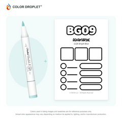 Ohuhu Honolulu BG09 Aquamarine example marker, with matching nib and cap, beside its custom Color Droplet swatch card.