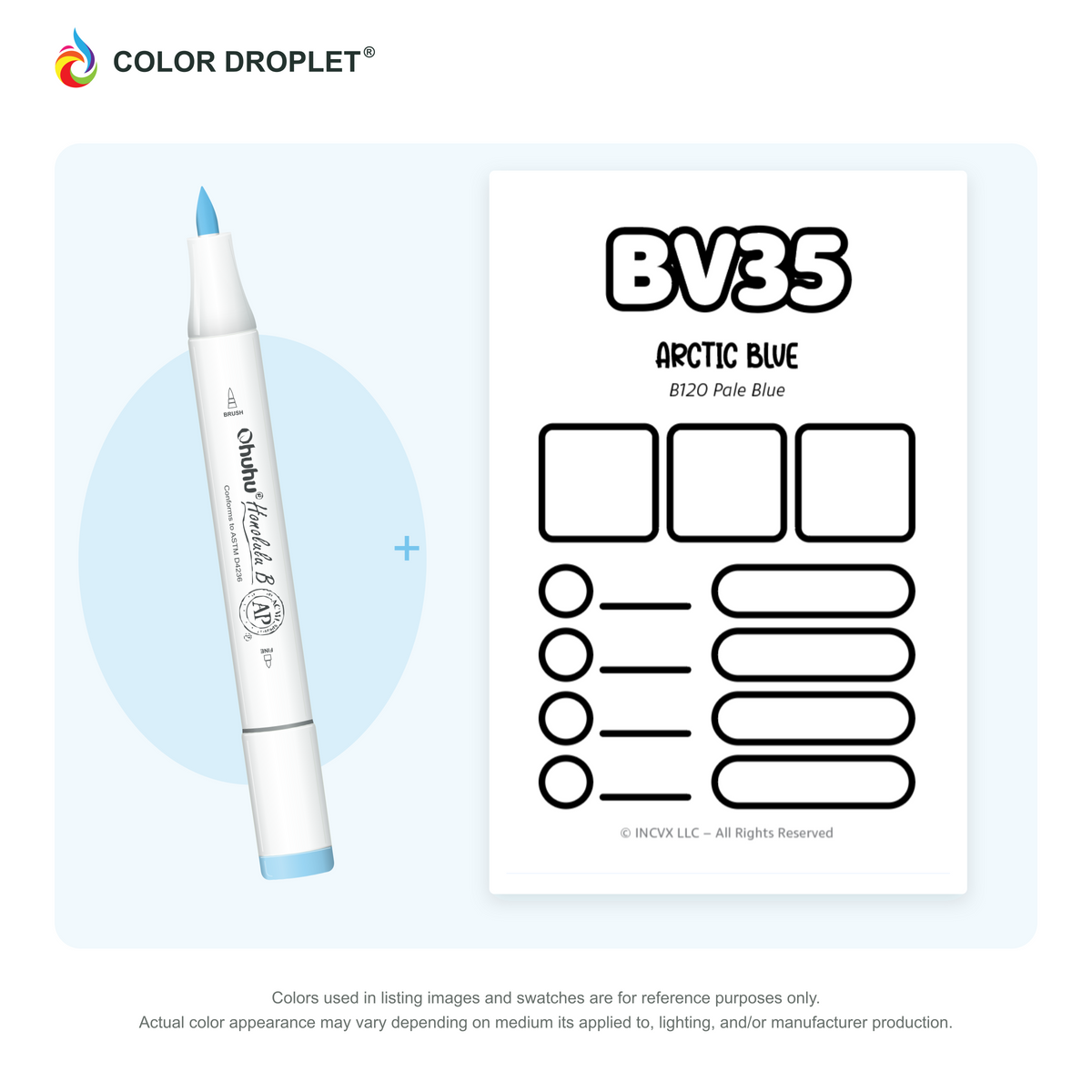 Ohuhu Honolulu BV35 Arctic Blue example marker, with matching nib and cap, beside its custom Color Droplet swatch card.