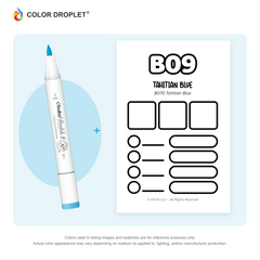 Ohuhu Honolulu B09 Tahitian Blue example marker, with matching nib and cap, beside its custom Color Droplet swatch card.