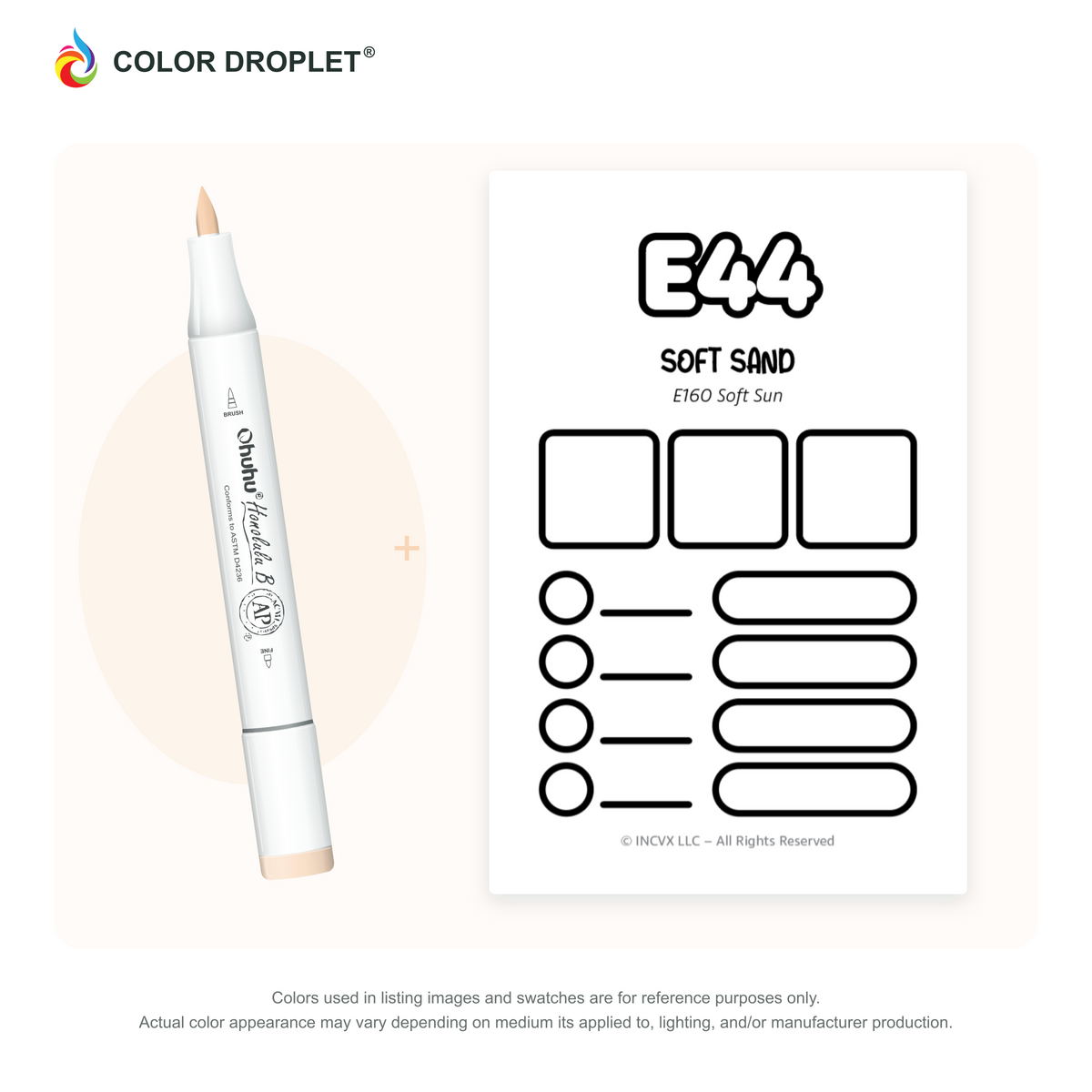 Ohuhu Honolulu E44 Soft Sand example marker, with matching nib and cap, beside its custom Color Droplet swatch card.