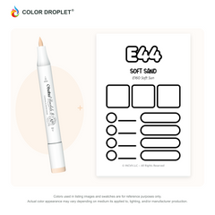 Ohuhu Honolulu E44 Soft Sand example marker, with matching nib and cap, beside its custom Color Droplet swatch card.
