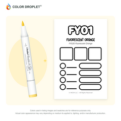 Ohuhu Honolulu FY01 Fluorescent Orange example marker, with matching nib and cap, beside its custom Color Droplet swatch card.