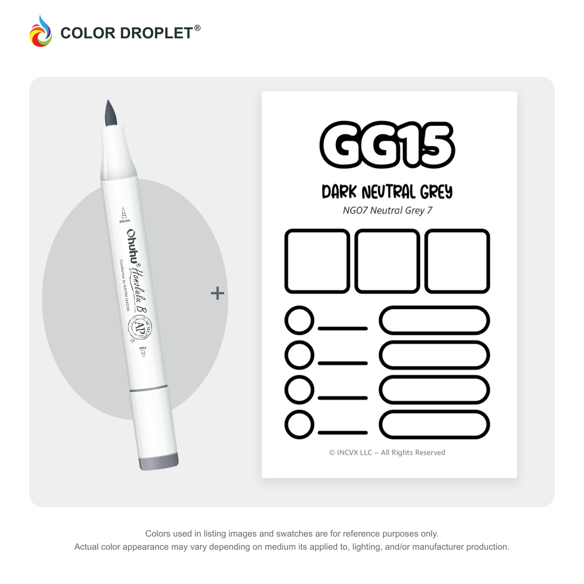 Ohuhu Honolulu GG15 Dark Neutral Grey example marker, with matching nib and cap, beside its custom Color Droplet swatch card.