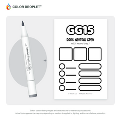 Ohuhu Honolulu GG15 Dark Neutral Grey example marker, with matching nib and cap, beside its custom Color Droplet swatch card.
