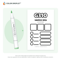 Ohuhu Honolulu G310 Shamrock Green example marker, with matching nib and cap, beside its custom Color Droplet swatch card.