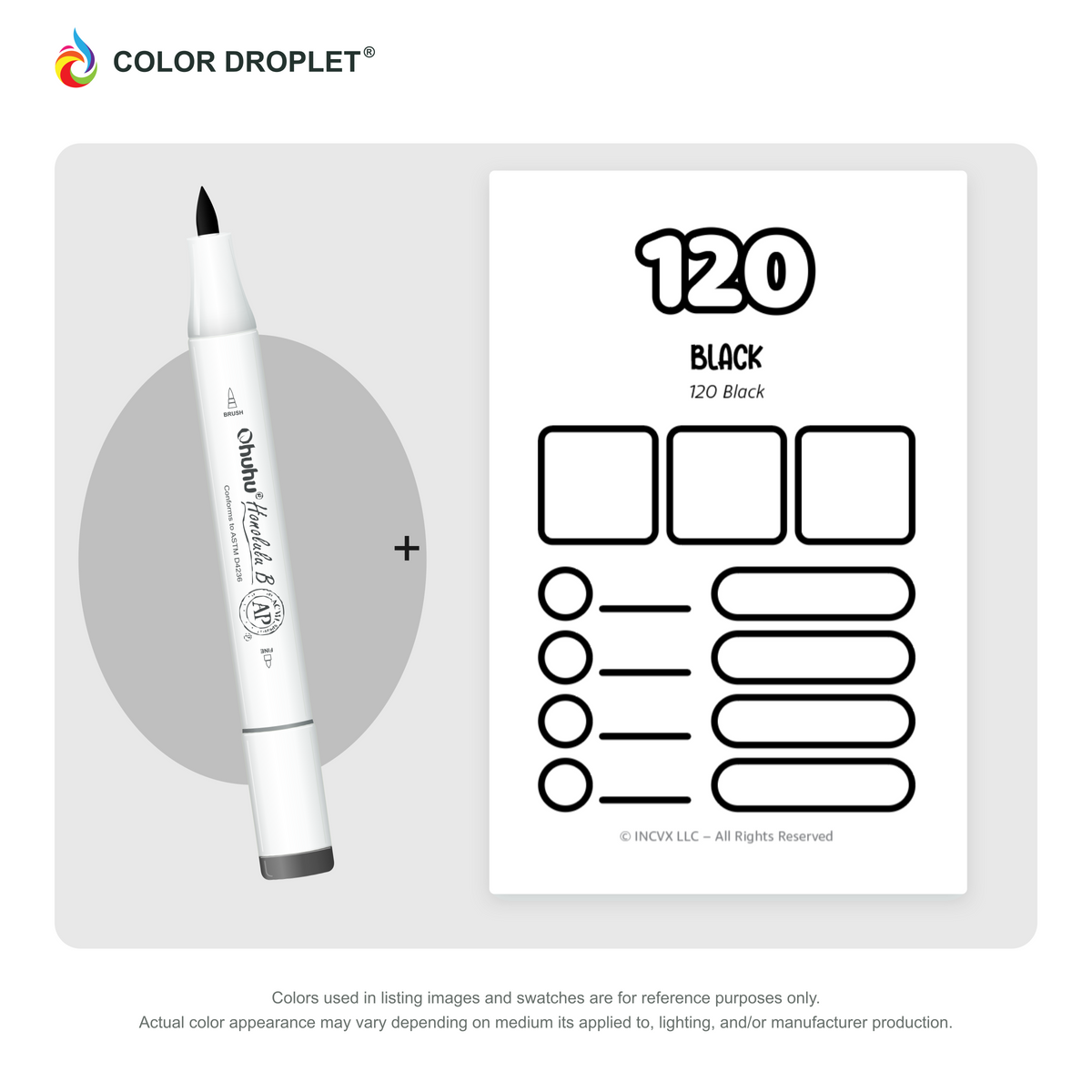 Ohuhu Honolulu 120 Black example marker, with matching nib and cap, beside its custom Color Droplet swatch card.