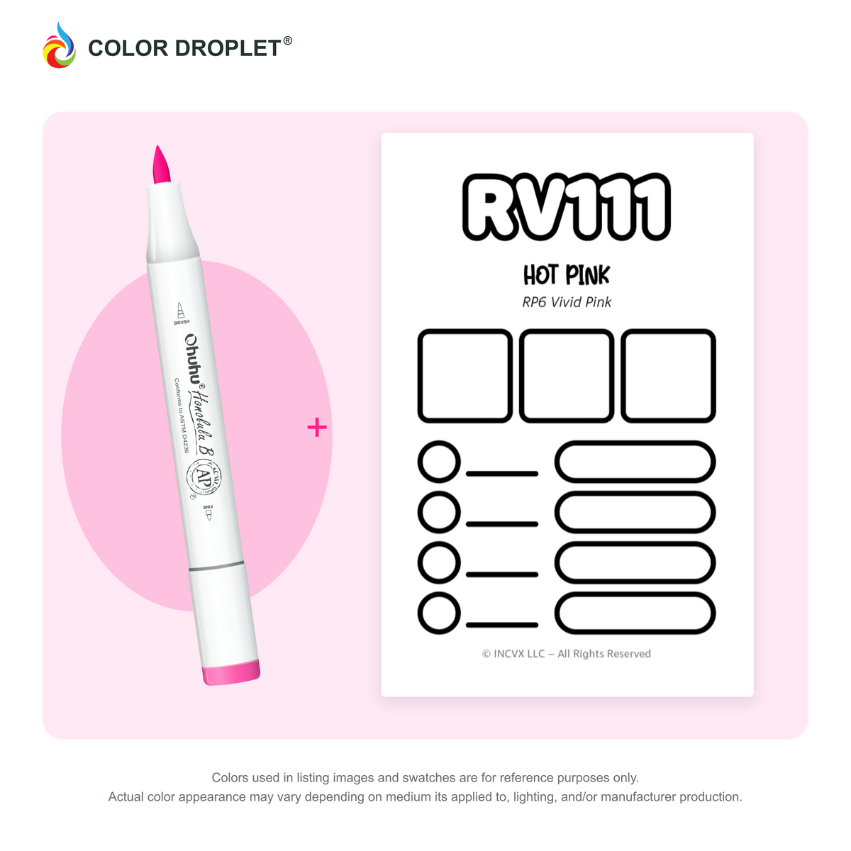 Ohuhu Honolulu RV111 Hot Pink example marker, with matching nib and cap, beside its custom Color Droplet swatch card.
