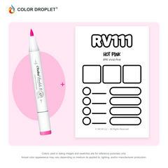 Ohuhu Honolulu RV111 Hot Pink example marker, with matching nib and cap, beside its custom Color Droplet swatch card.