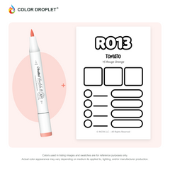 Ohuhu Honolulu R013 Tomato example marker, with matching nib and cap, beside its custom Color Droplet swatch card.