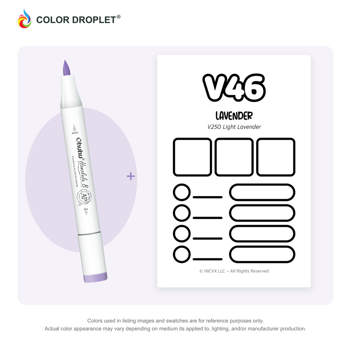 Ohuhu Honolulu V46 Lavender example marker, with matching nib and cap, beside its custom Color Droplet swatch card.