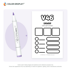 Ohuhu Honolulu V46 Lavender example marker, with matching nib and cap, beside its custom Color Droplet swatch card.