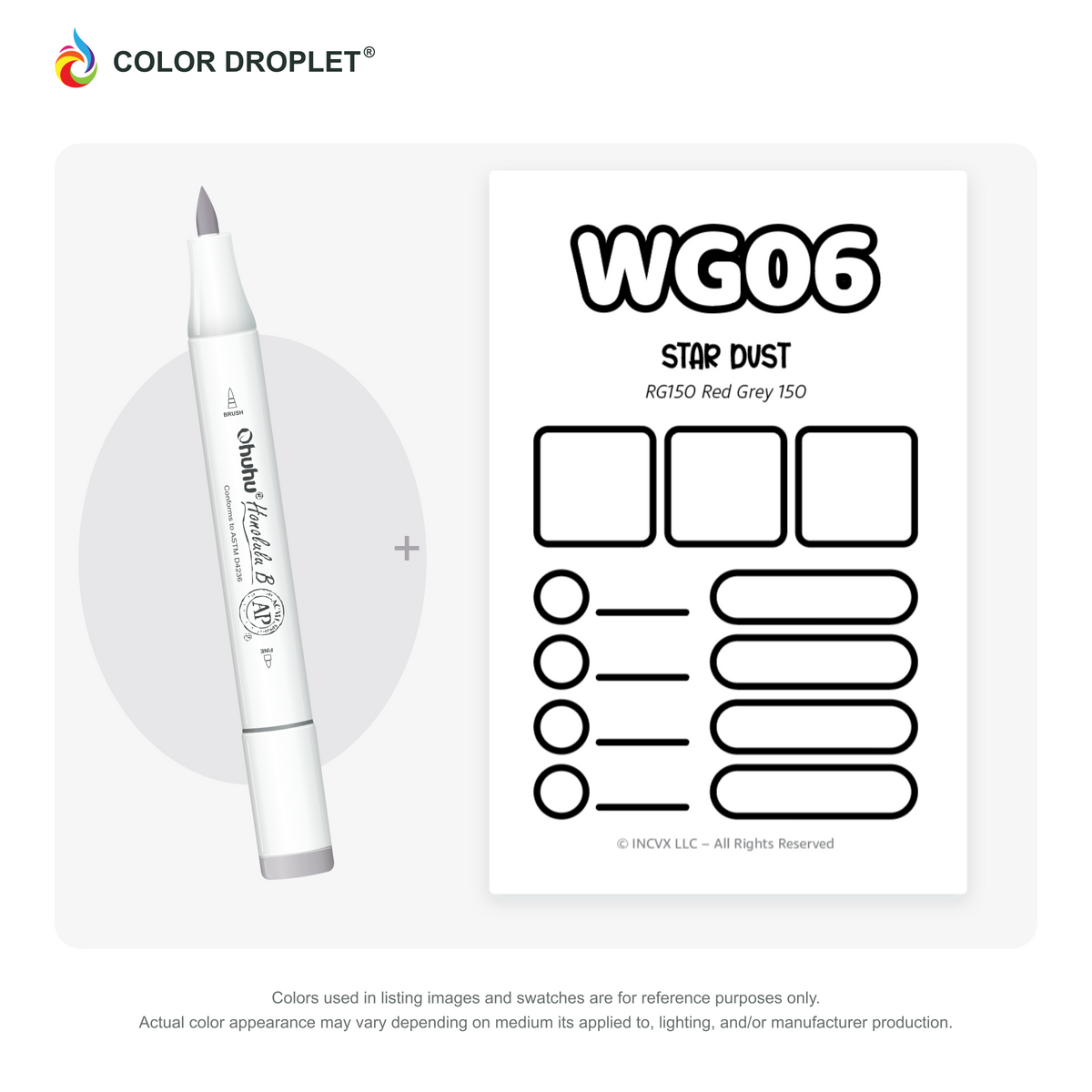 Ohuhu Honolulu WG06 Star Dust example marker, with matching nib and cap, beside its custom Color Droplet swatch card.