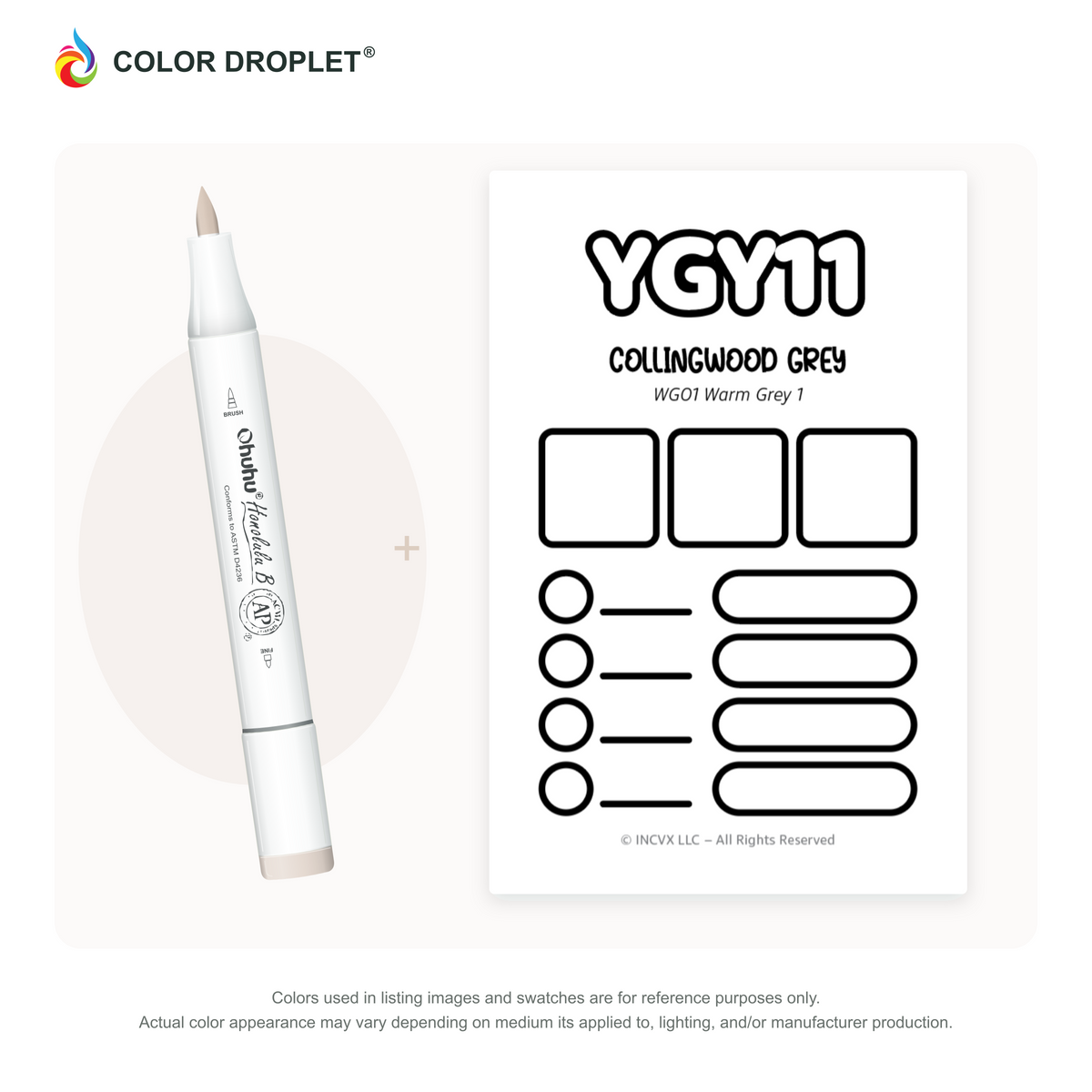 Ohuhu Honolulu YGY11 Collingwood Grey example marker, with matching nib and cap, beside its custom Color Droplet swatch card.