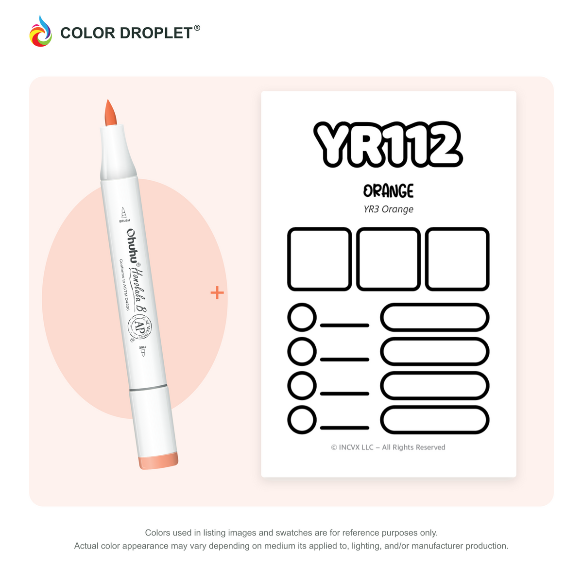 Ohuhu Honolulu YR112 Orange example marker, with matching nib and cap, beside its custom Color Droplet swatch card.