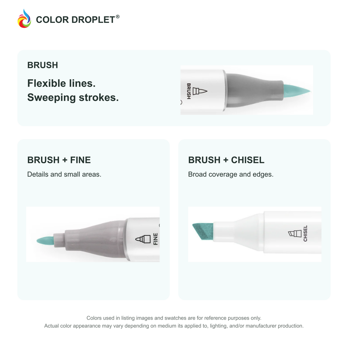 Ohuhu Honolulu brush, fine, and chisel tip close-ups colored to BG09 Aquamarine, showing the Brush + Fine and Brush + Chisel options.
