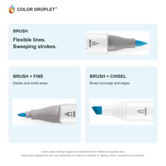 Ohuhu Honolulu brush, fine, and chisel tip close-ups colored to B09 Tahitian Blue, showing the Brush + Fine and Brush + Chisel options.