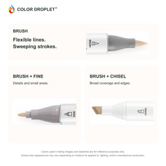 Ohuhu Honolulu brush, fine, and chisel tip close-ups colored to E44 Soft Sand, showing the Brush + Fine and Brush + Chisel options.