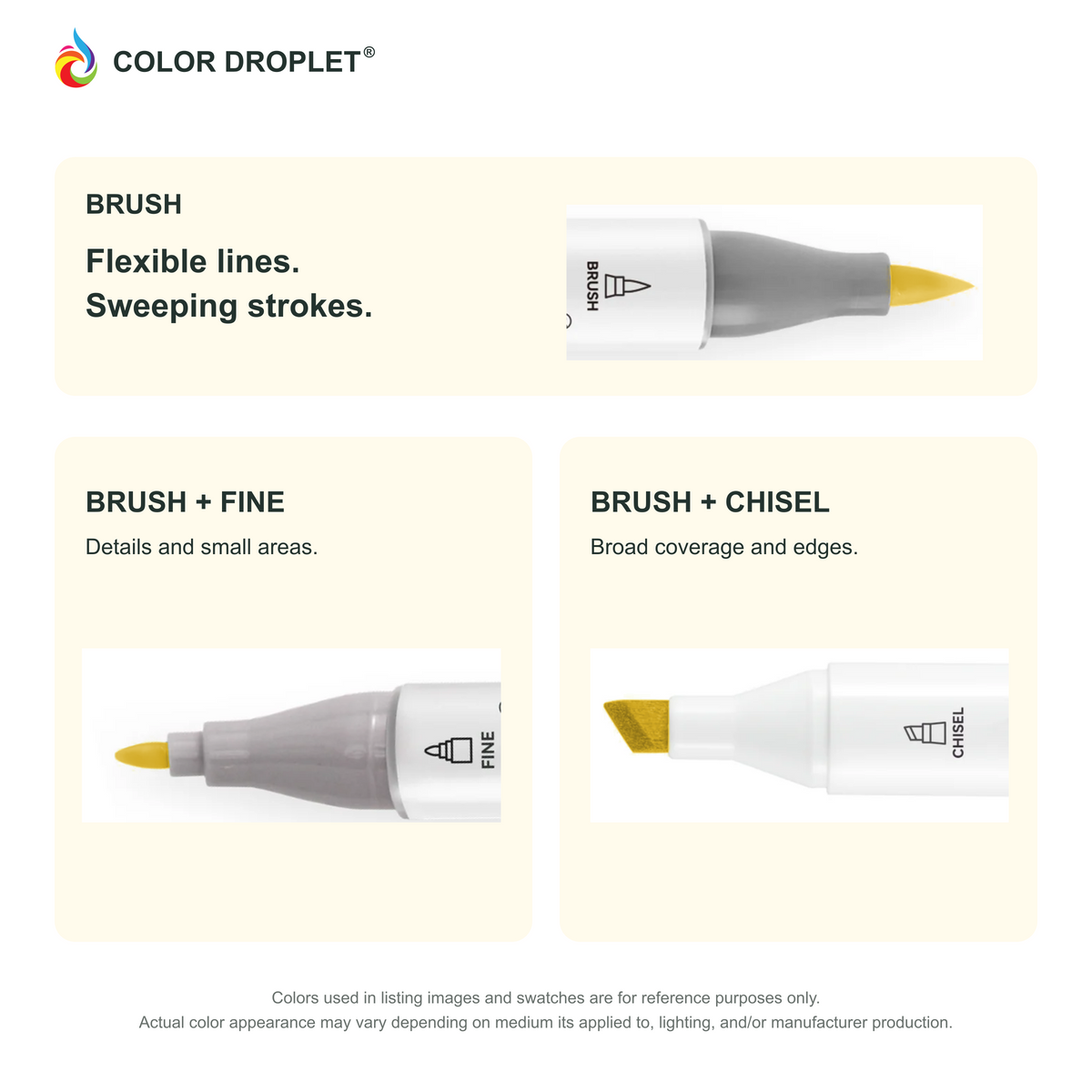 Ohuhu Honolulu brush, fine, and chisel tip close-ups colored to FY01 Fluorescent Orange, showing the Brush + Fine and Brush + Chisel options.