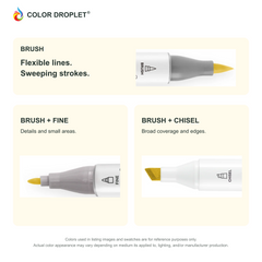 Ohuhu Honolulu brush, fine, and chisel tip close-ups colored to FY01 Fluorescent Orange, showing the Brush + Fine and Brush + Chisel options.